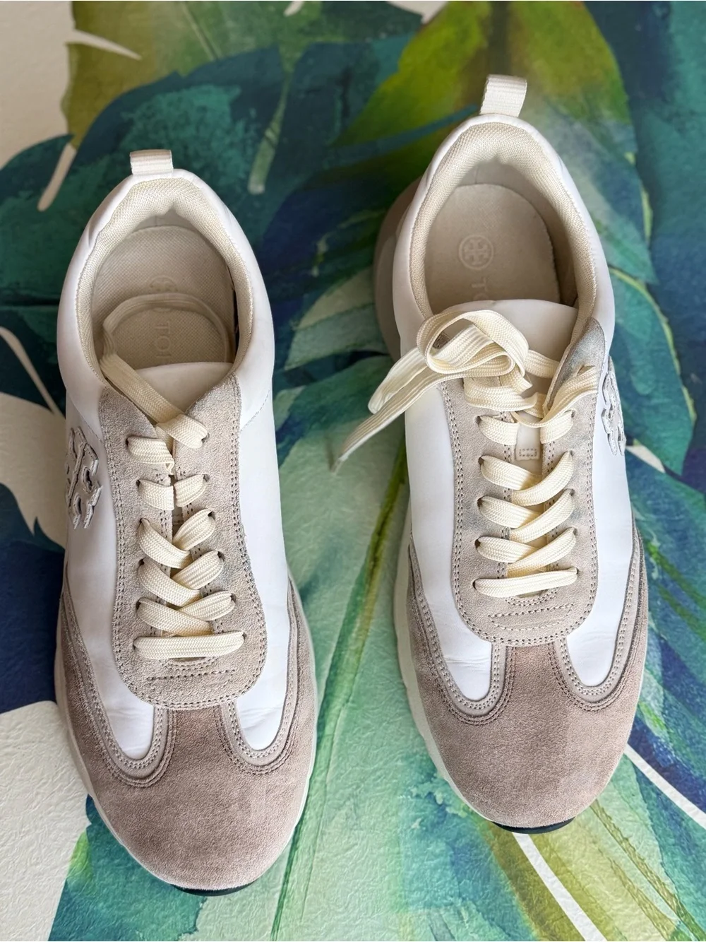 Tory Burch Cream & Taupe Suede Leather Platform Sneakers